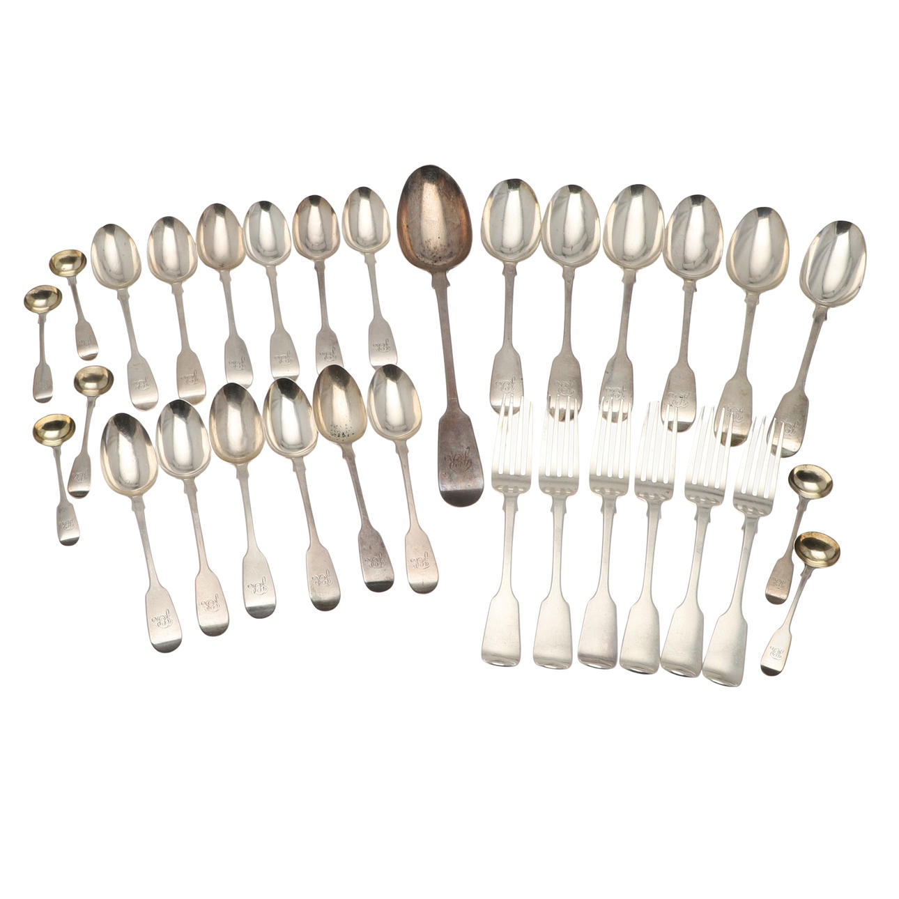 A PART SET OF VICTORIAN SILVER FIDDLE PATTERN FLATWARE.