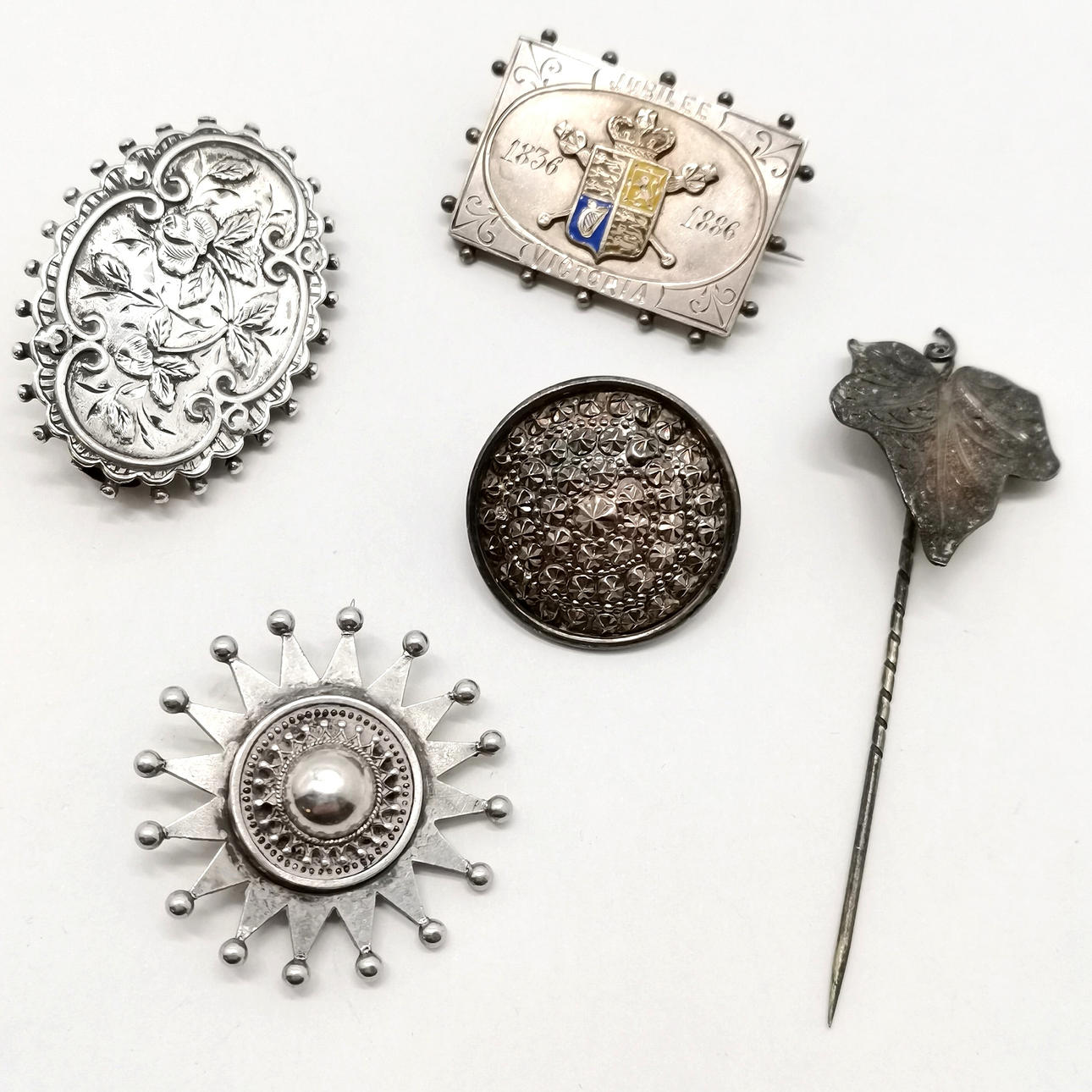 4 x ANTIQUE SILVER BROOCHES + STICK PIN.