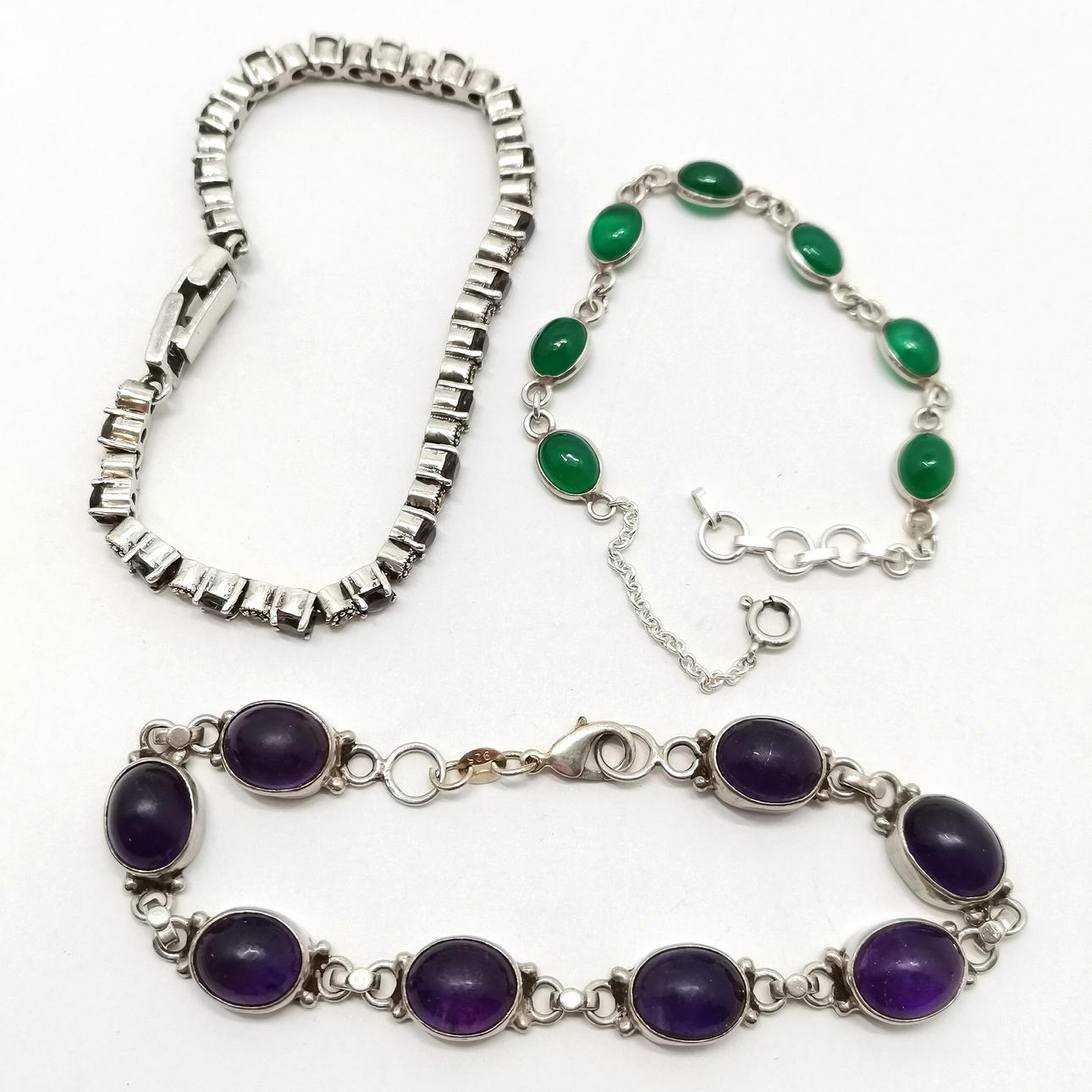 3 X SILVER STONE SET BRACELETS.