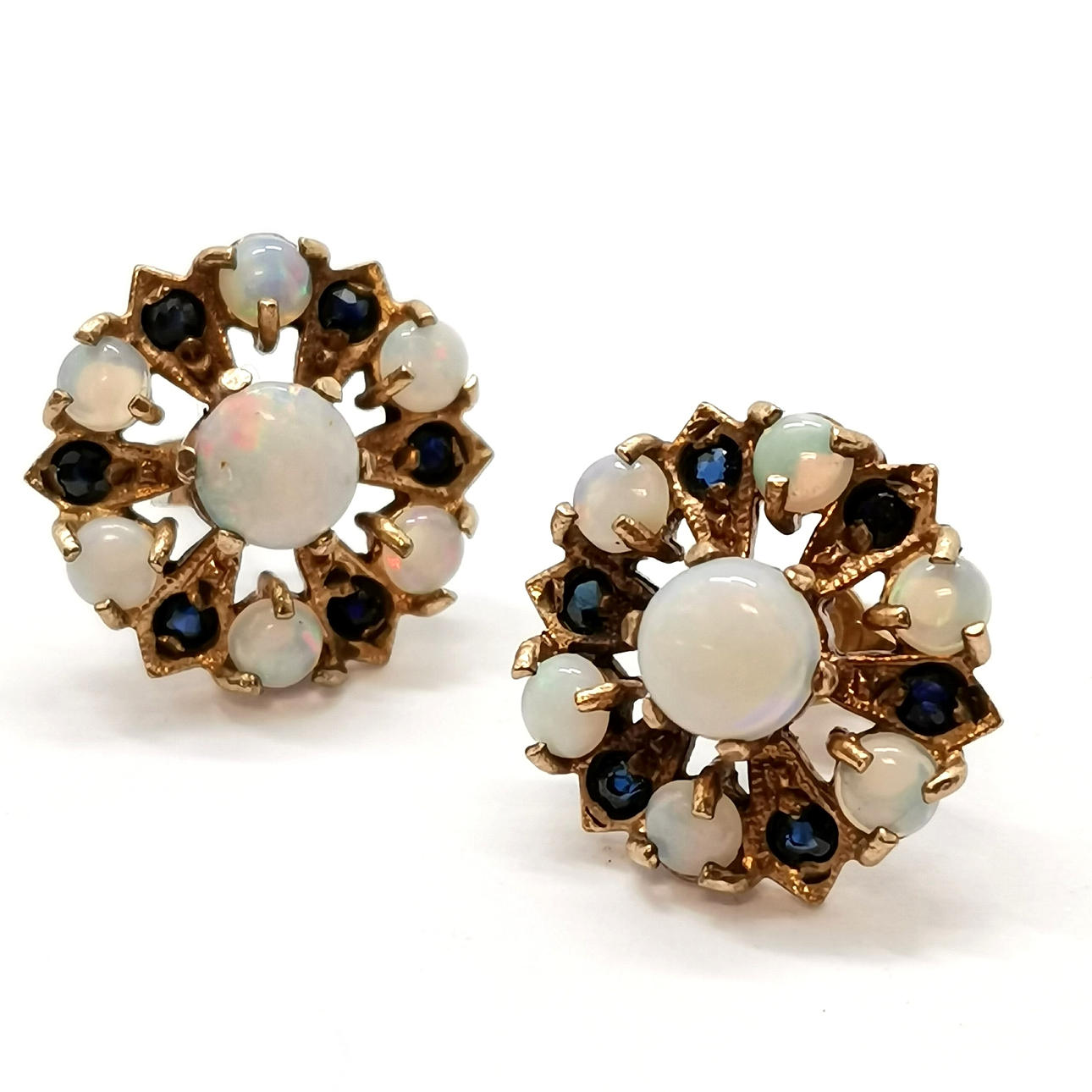 9CT GOLD OPAL & BLUE STONE EARRINGS.