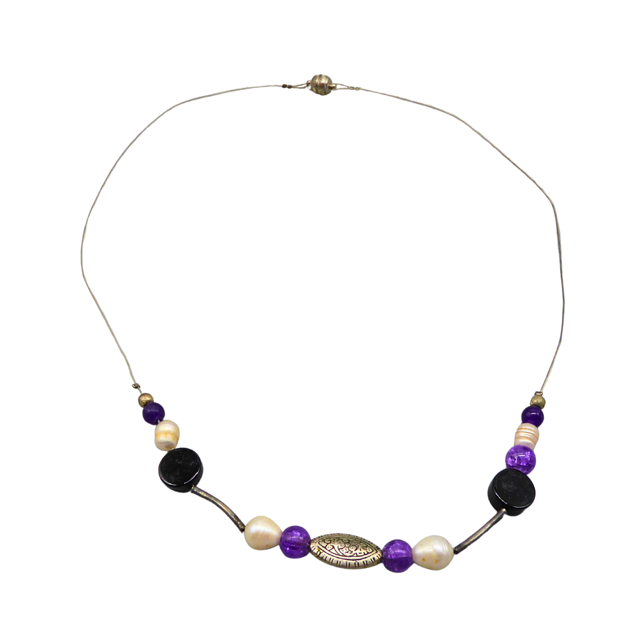 WIRE NECKLACE WITH PLASTIC BEADS AND DECORATIVE ELEMENTS.