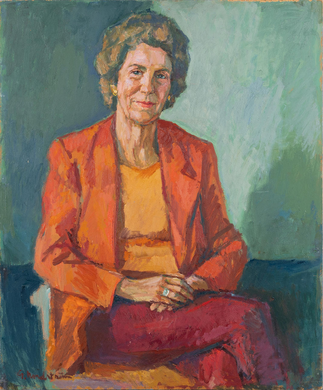 GERHARD  NORDSTRÖM. Portrait depicting Birgit Rausing, oil on panel, signed.
