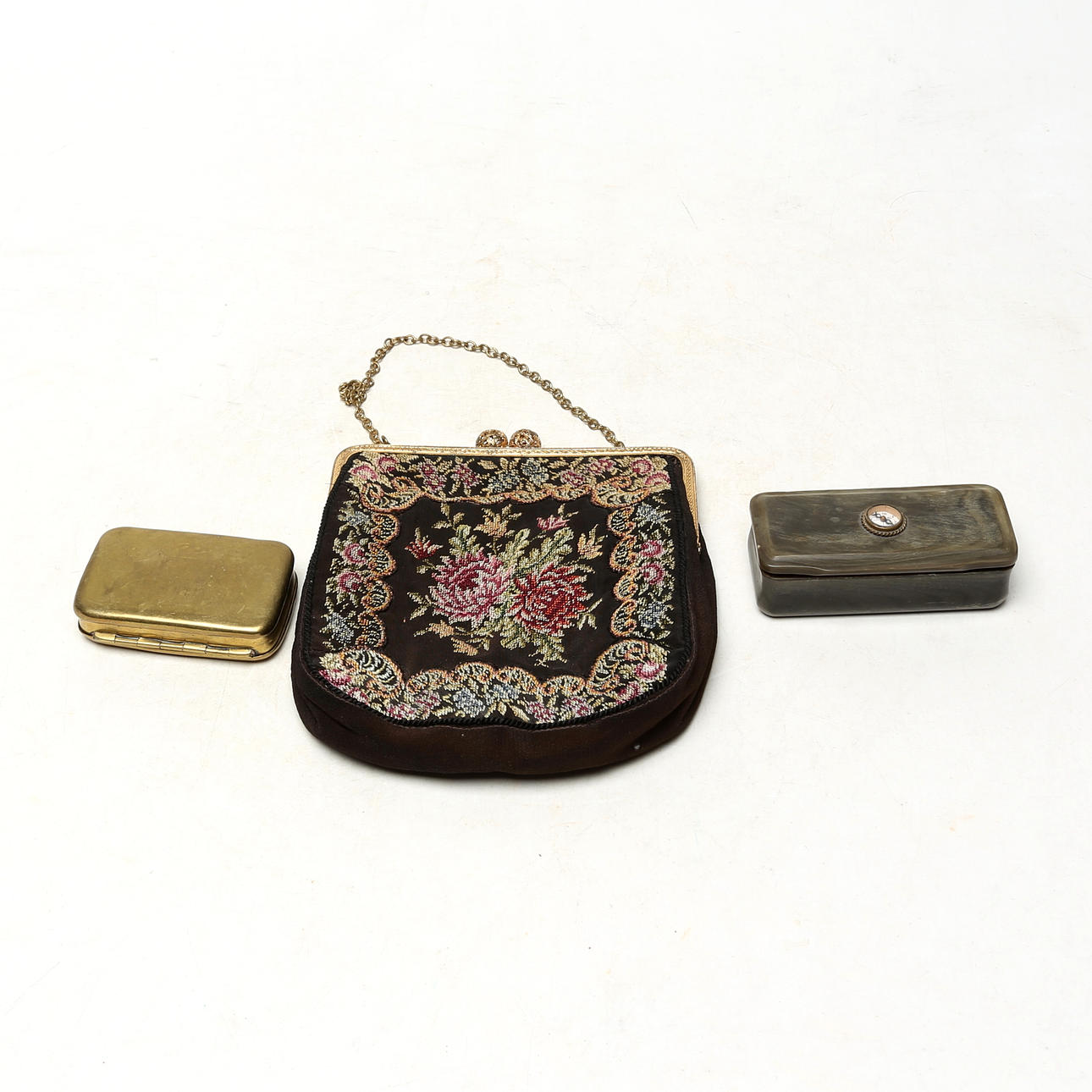 BOXES, 2 PCS, METAL BUTTONS and EVENING BAG.