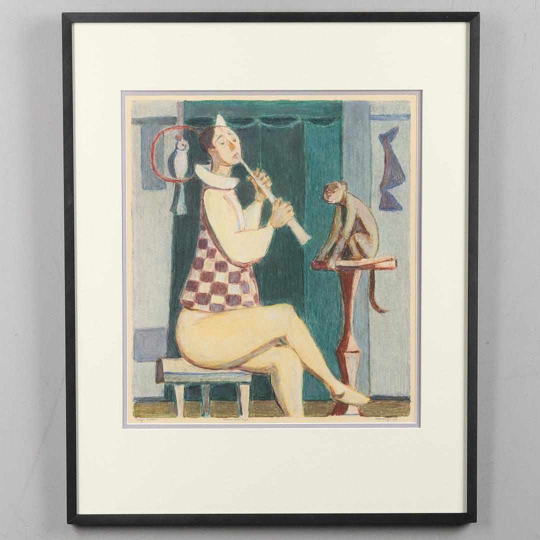 SQUARES SAETHER. Monotype colour print, “Elenor and Monkey”, sigenrad and dated -1955.