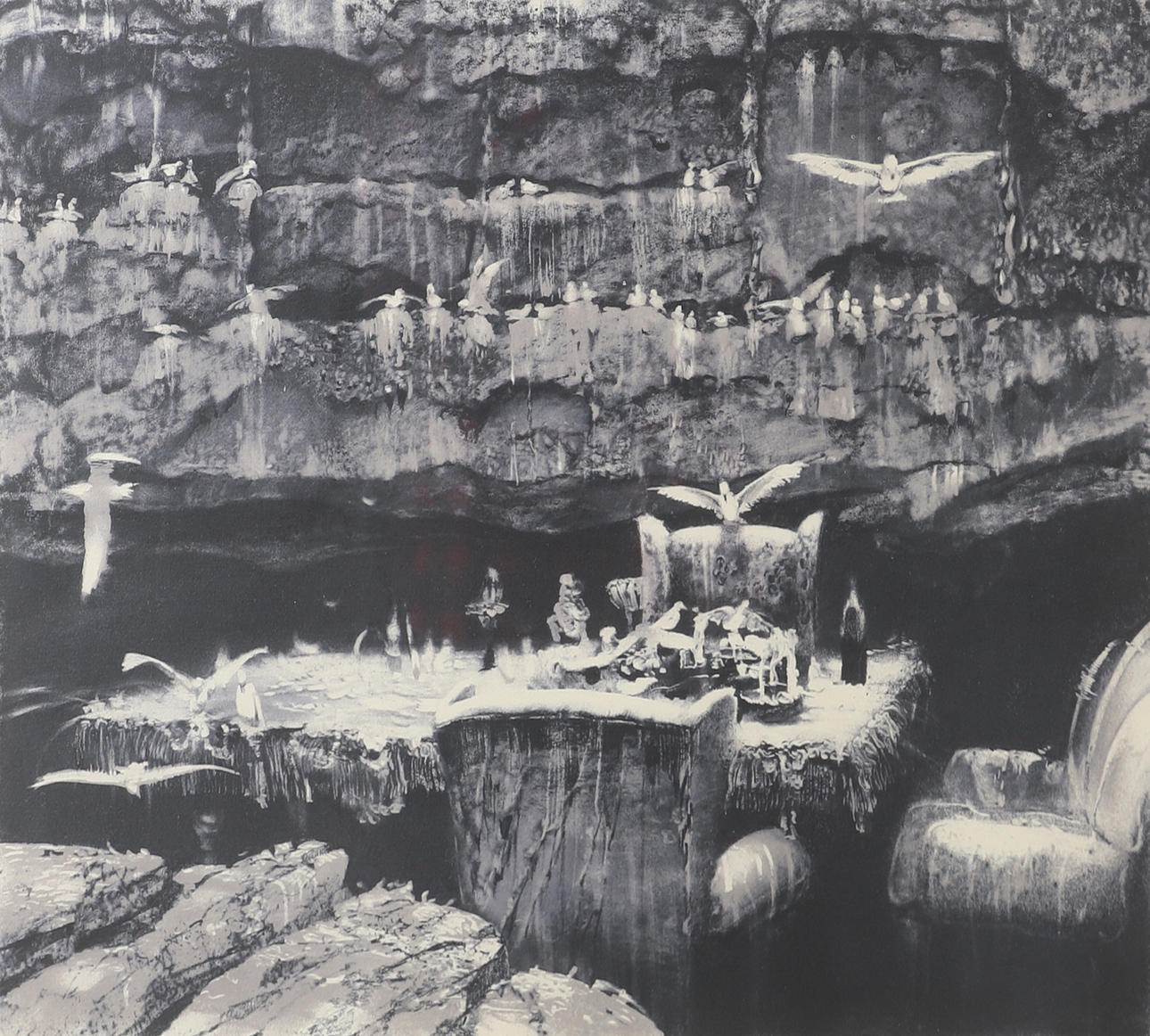 ROJ FRIBERG. Composition with birds, lithograph, monogram signed.