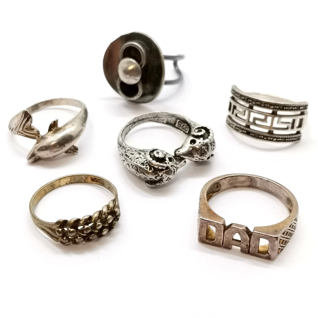 6 x SILVER RINGS inc DAD & DOLPHIN etc.