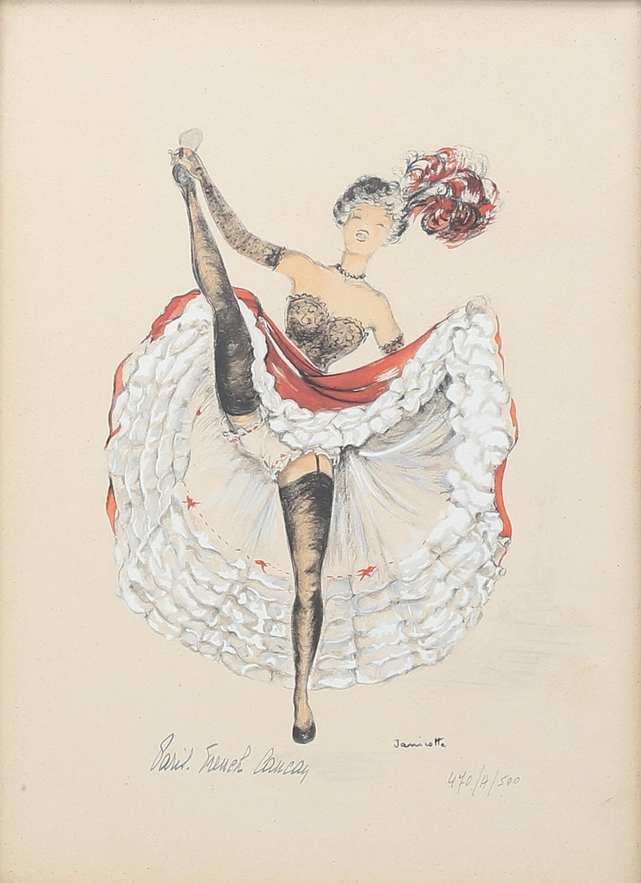 OIDENTIFIERAD KONSTNÄR. Cancan dancer. Lithograph in colours, signed Janicotte, numbered 470/500.