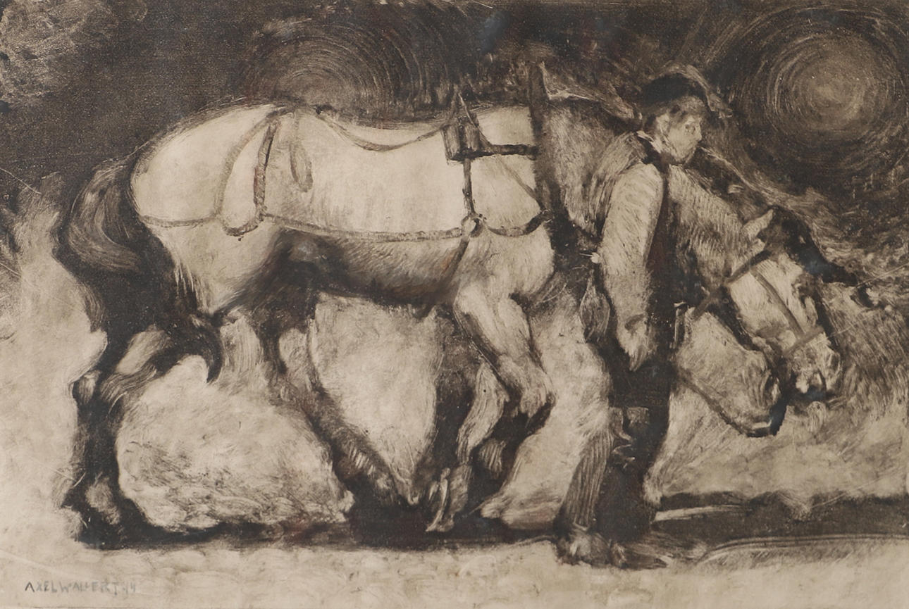 AXEL  WALLERT. Boy with horse, monotypic, signed with dedication.