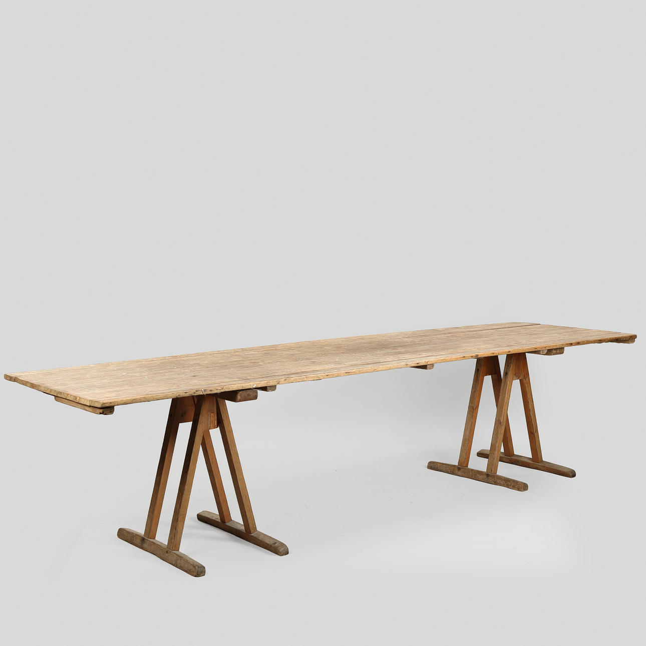 Long trestle table table made of pine, Denmark, 1900s.
