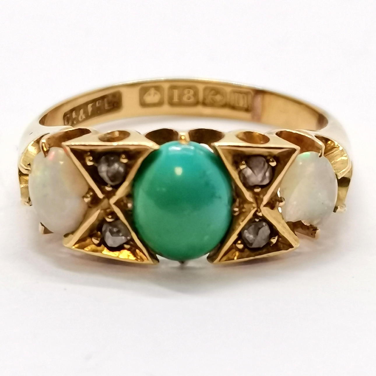 ANTIQUE 18ct GOLD OPAL / TURQUOISE / DIAMOND SET RING.