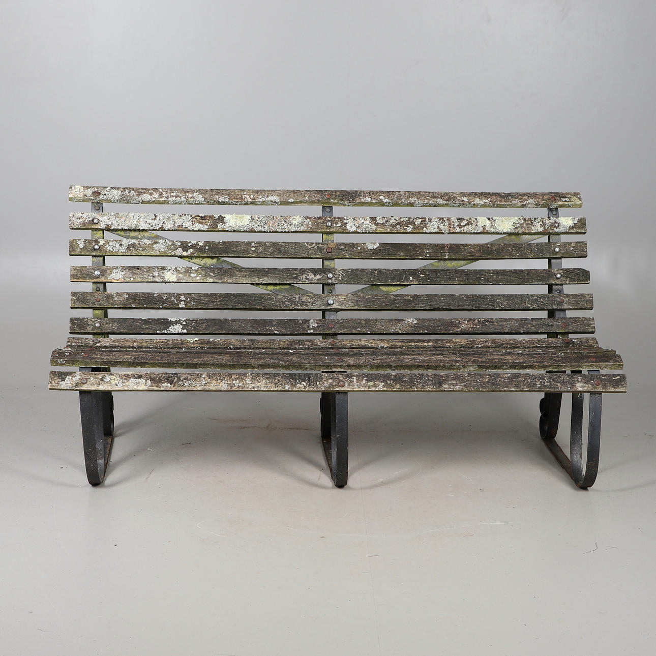 HARDWOOD IRON FRAME BENCH.