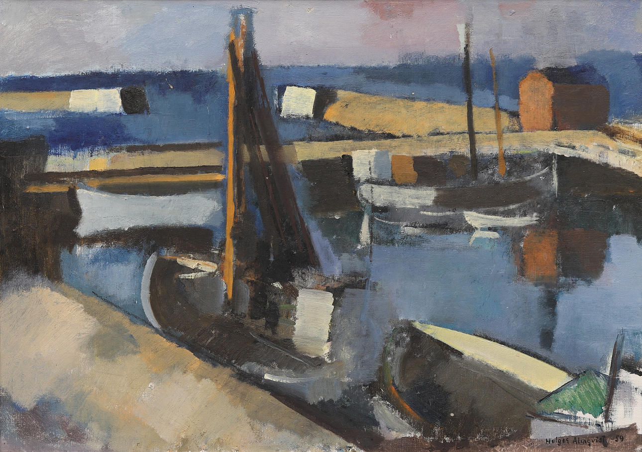 HOLGER ALMQVIST. “Hamnbild, Simrishamn”, oil on canvas, signed and dated -59.