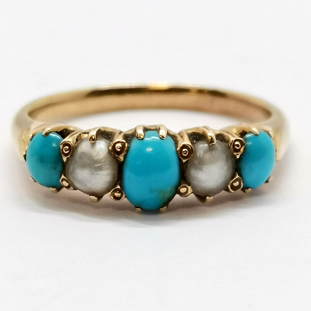 ANTIQUE 18ct+ GOLD TURQUOISE & PEARL RING.