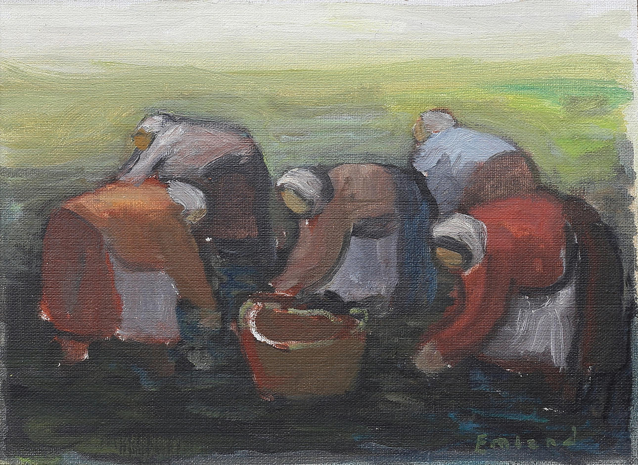 EINAR EMLAND. “Potato picking”. Oil on canvas, fed on panel, signed.