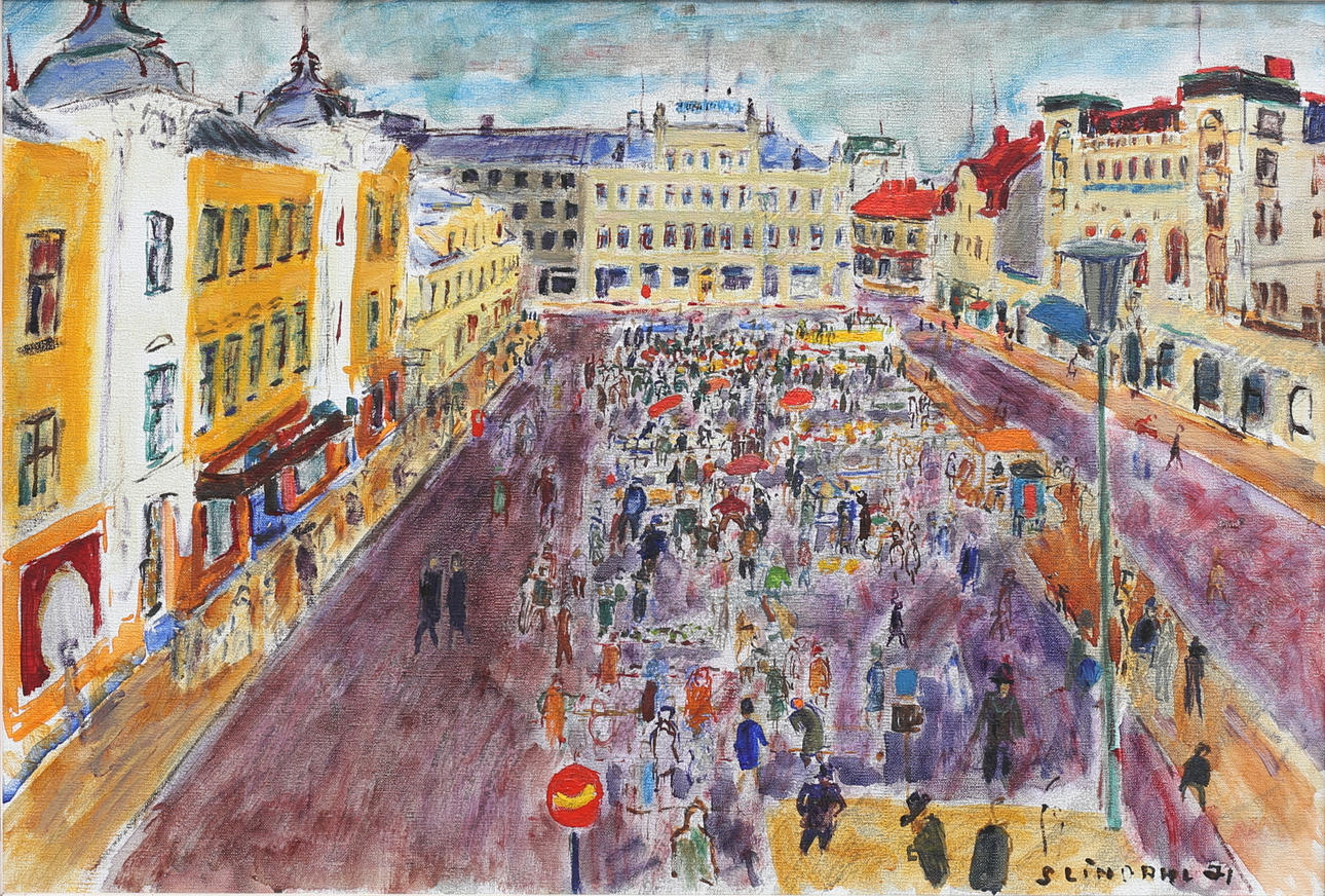 STEN LINDAHL. Lilla torget, Oskarshamn. Olja på duk, signerad och daterad 71.