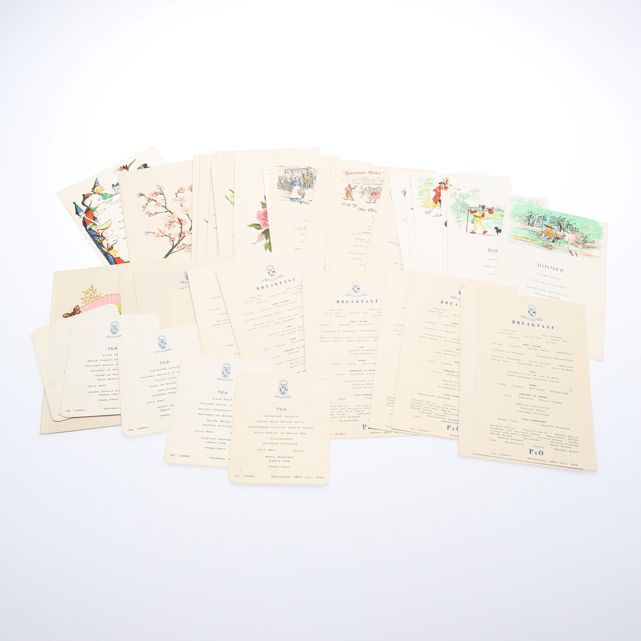 OLIKA MENYER FRÅN P&O ÅNGFARTYGET, S.S. KORFU. (40).