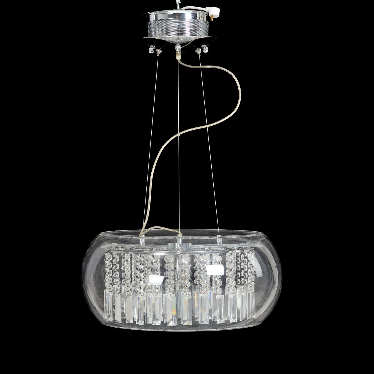 CEILING LAMP. glass cup, surrounded by different cut prisms, 6 small halogen light sources, contemporary, marked Markslöjd.