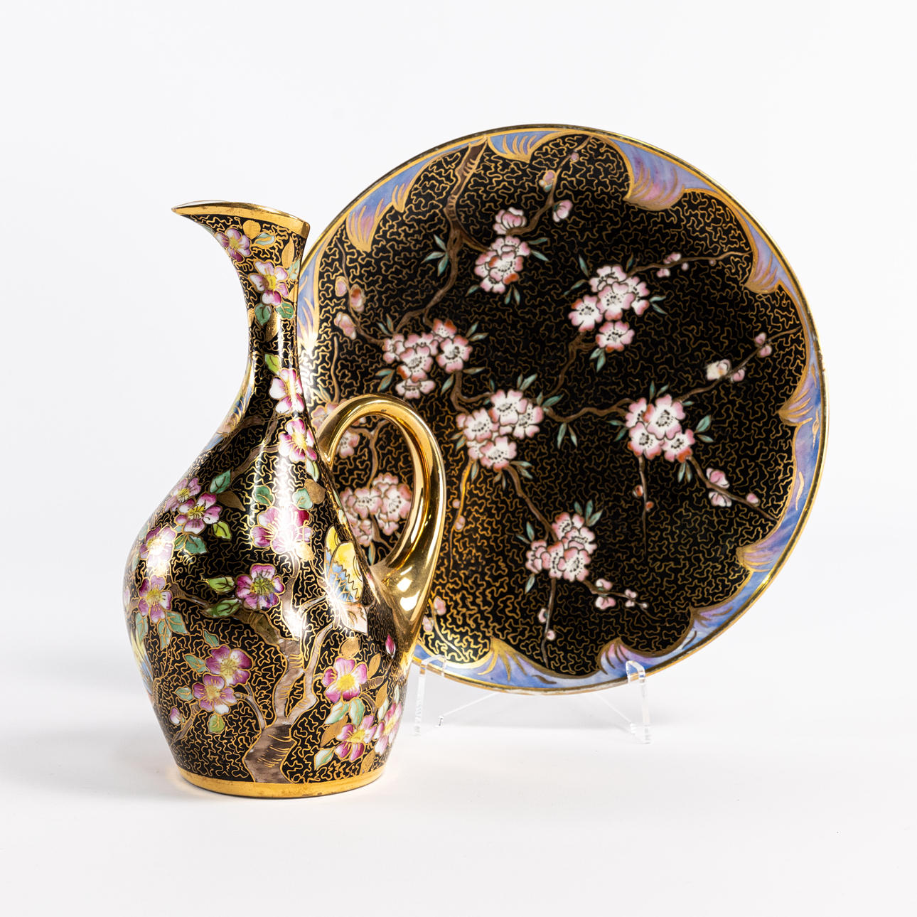 DISH AND HANDLED VASE, porcelain, Hungary.