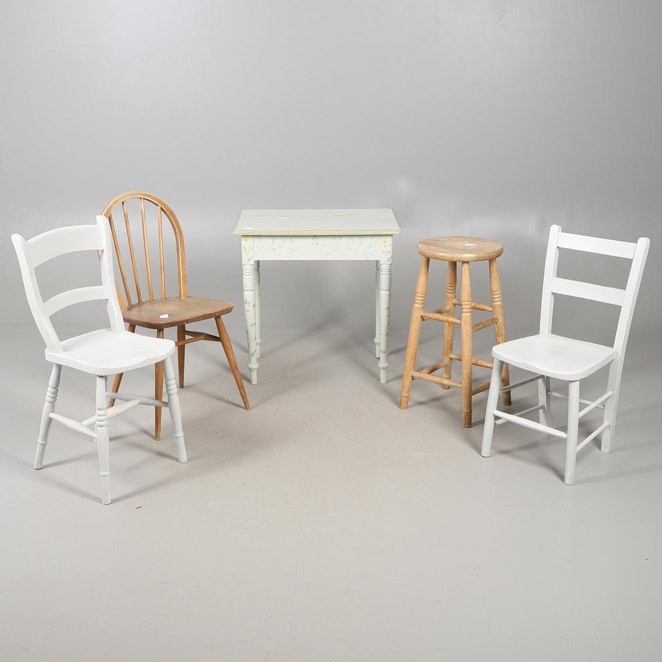 PAINTED PINE SIDE TABLE WITH CHAIRS AND STOOL.