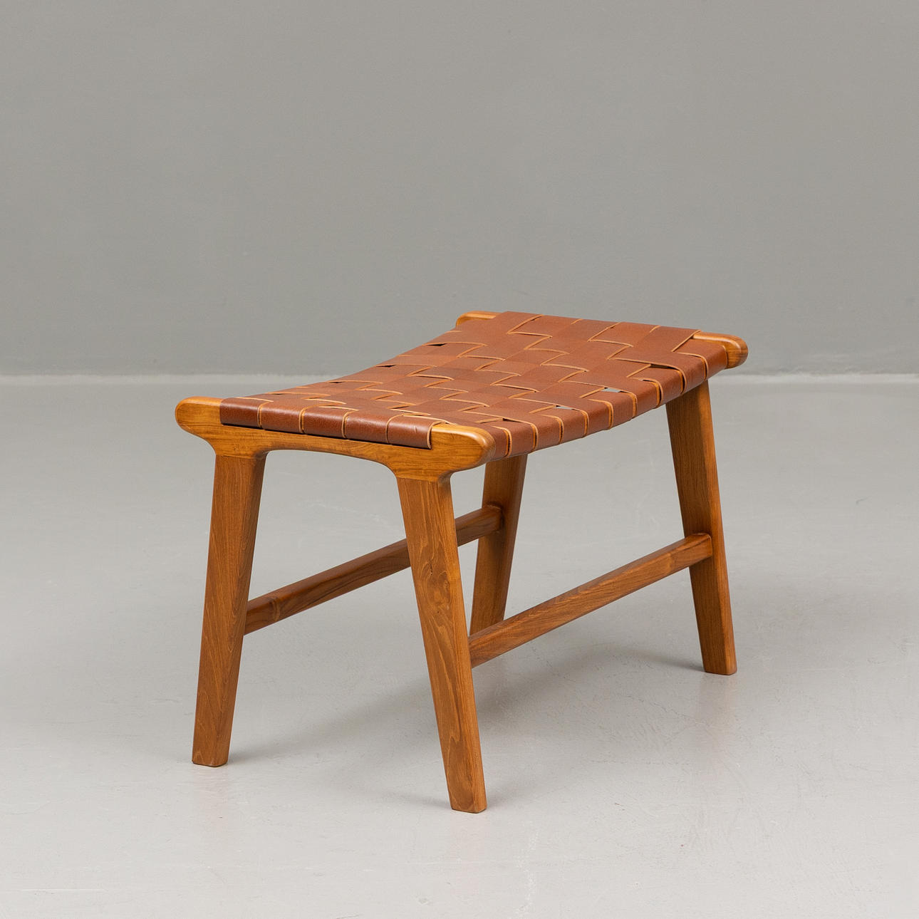 STOOL, teak and woven core leather, contemporary.
