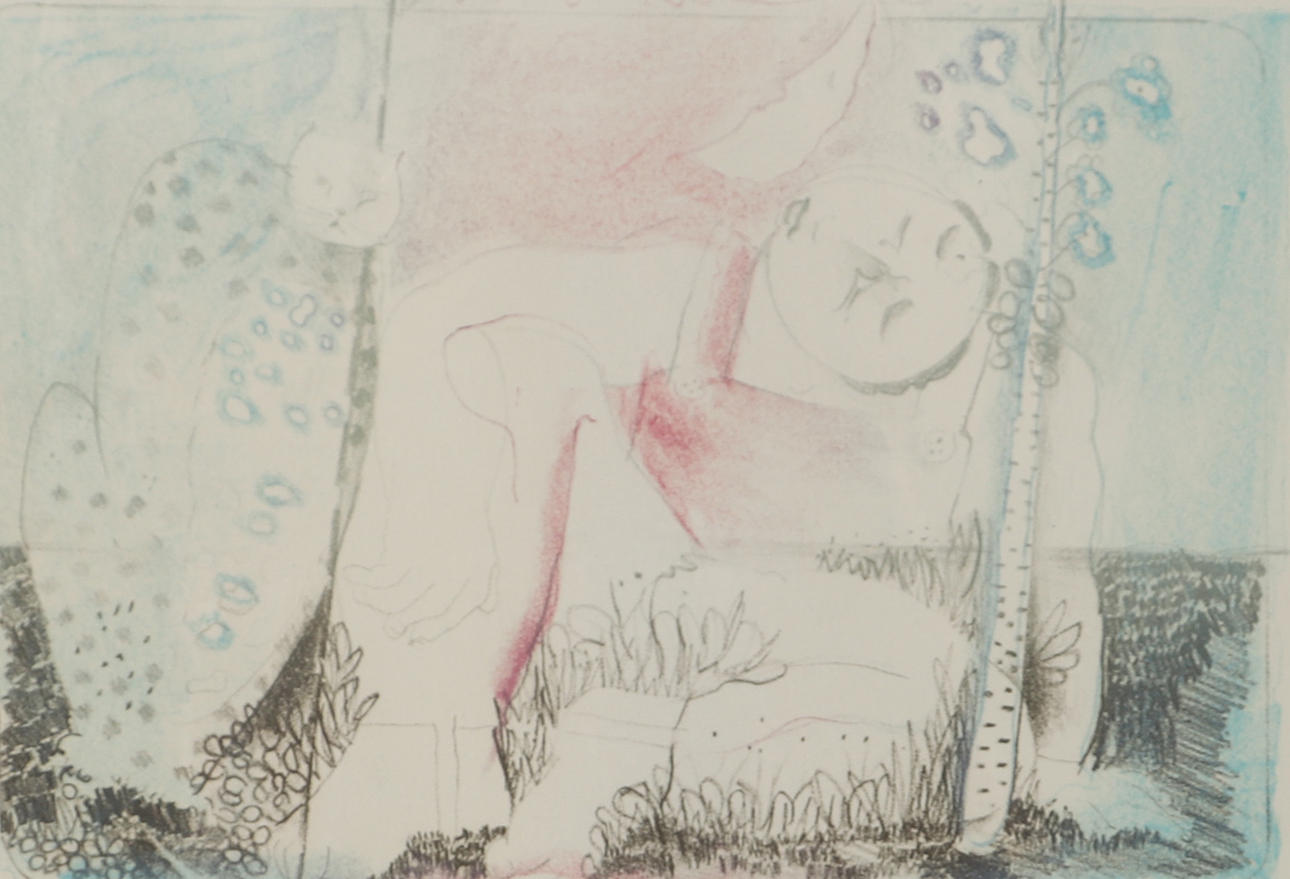 OIDENTIFIERAD KONSTNÄR. Composition with figure, lithograph in colours, signed Helene 1979.