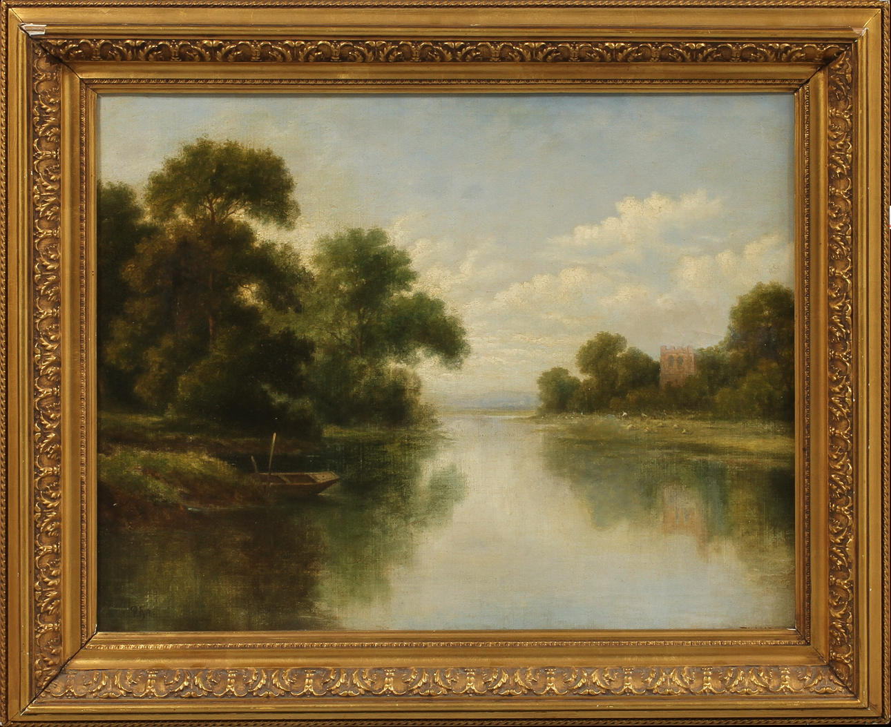 OIDENTIFIERAD KONSTNÄR. Sjölandskap med slott och eka, olja på duk, signerad. 1800-tal.