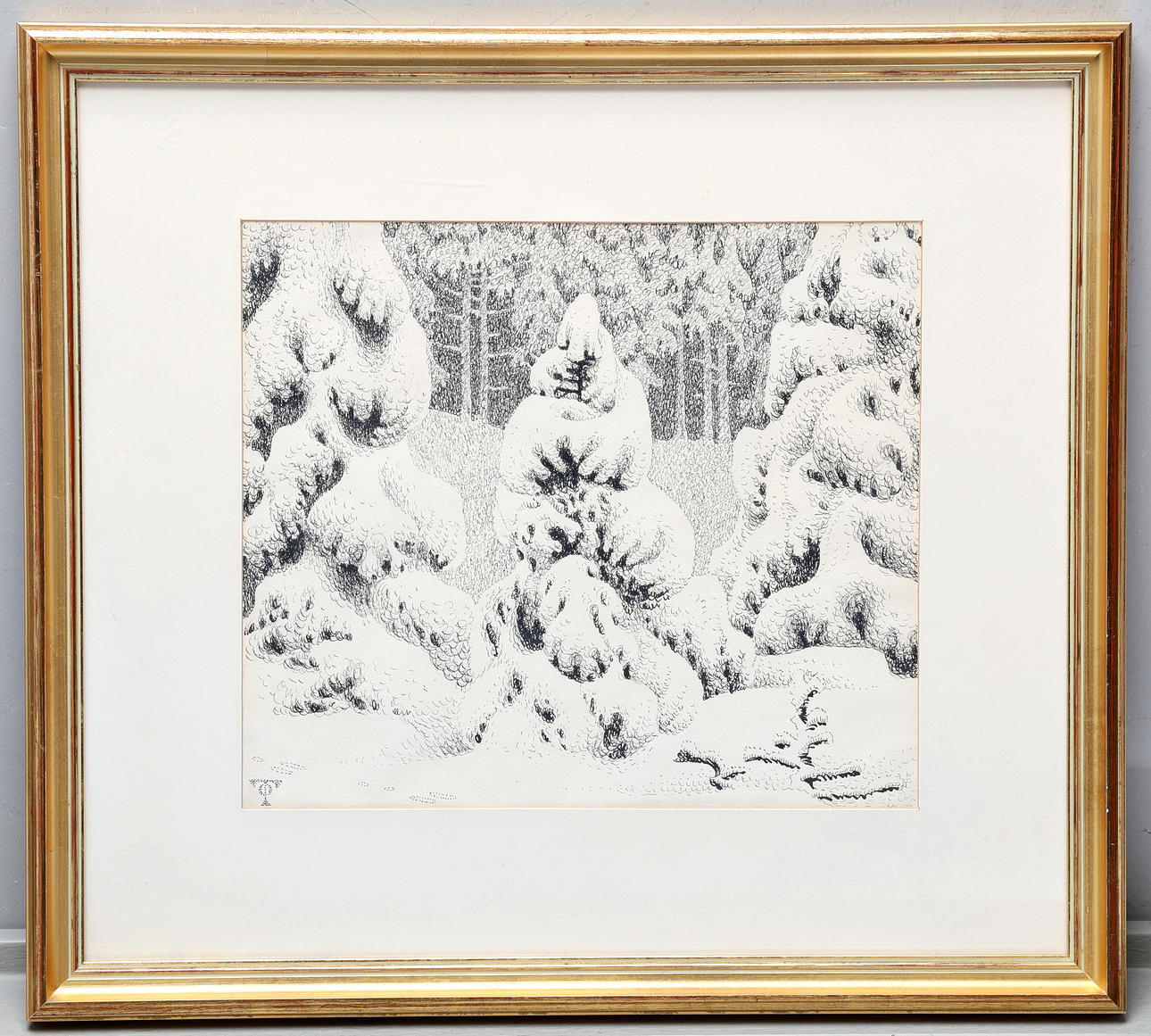 OLOF THUNMAN (1879-1944). Tuschteckning, "Granar i Snö", signerad ...