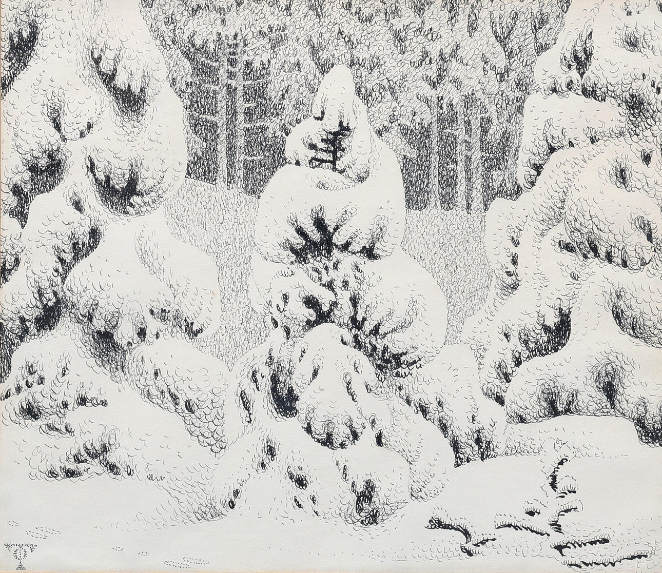 OLOF THUNMAN (1879-1944). Tuschteckning, "Granar i Snö", signerad ...