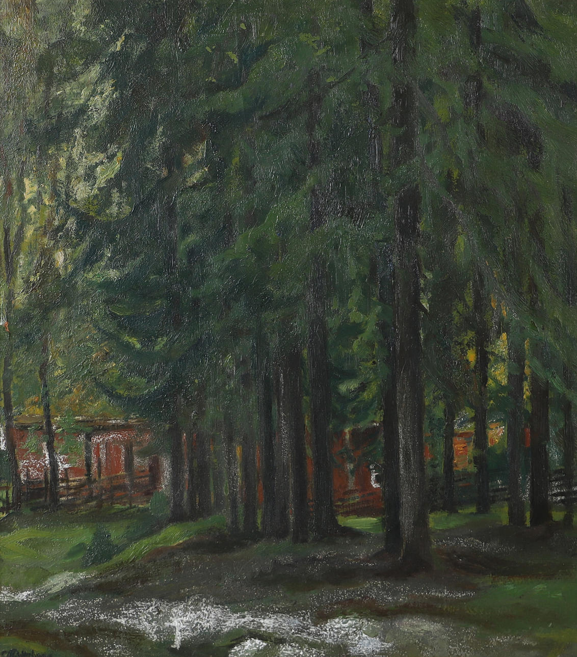 OIDENTIFIERAD KONSTNÄR. Forest plot with cottage, oil on panel, indistinctly signed.