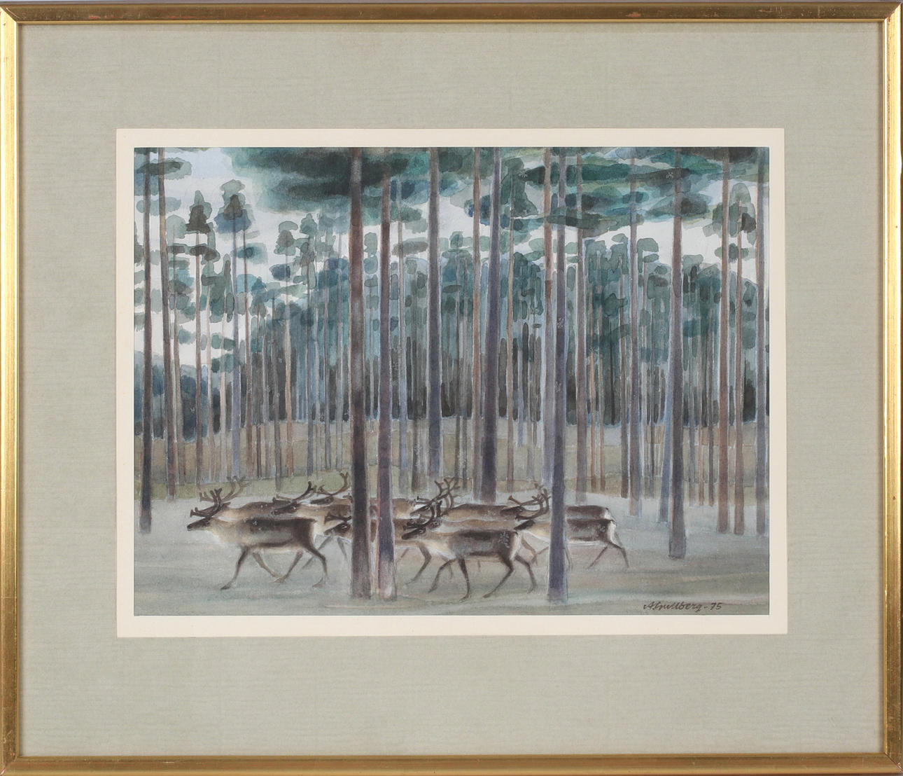 ANDERS GULLBERG. Reindeer herd in forest, watercolour on paper, signed ...