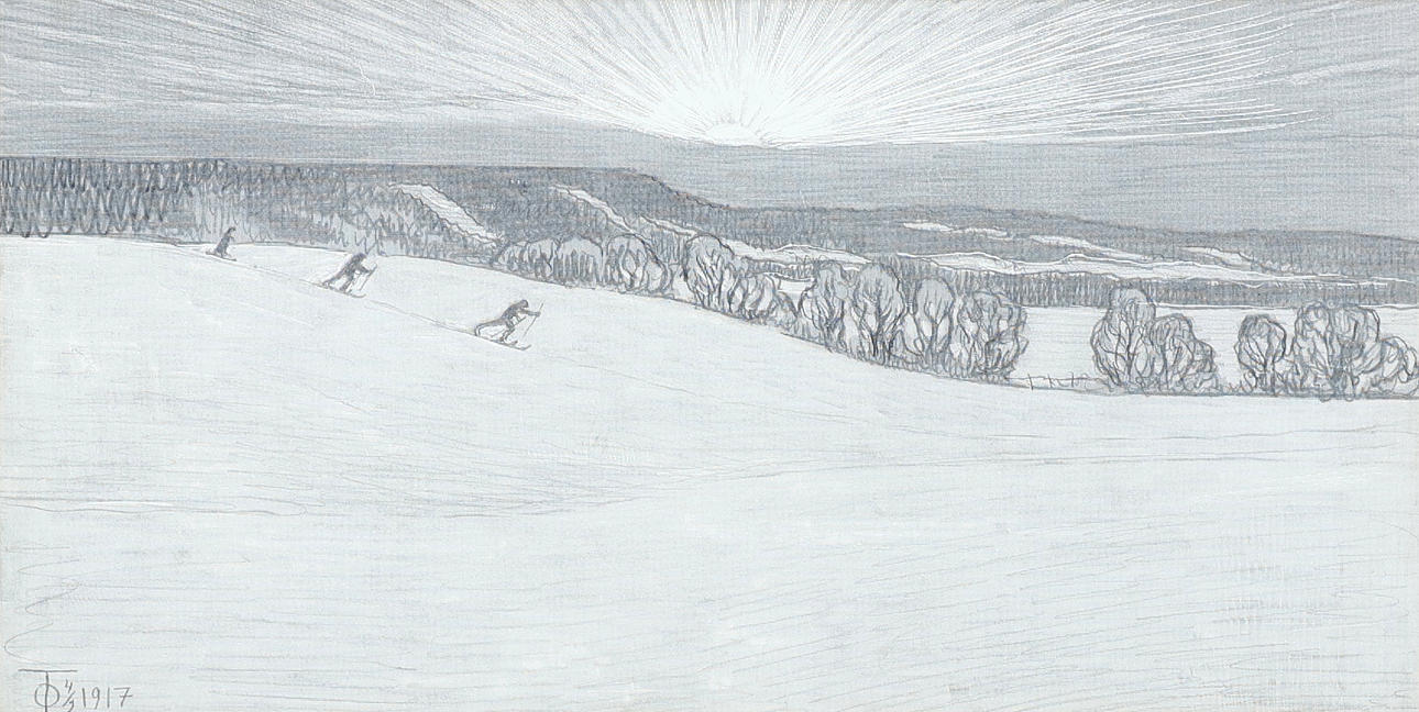 OLOF THUNMAN (1879-1944). Landskap med skidåkare, signerad, daterad ...