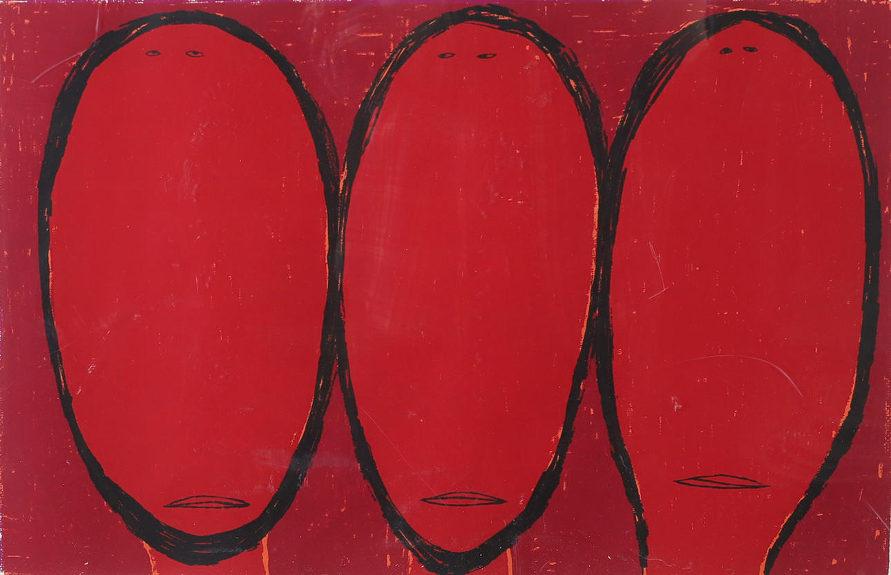 JIM HUGHES. Composition with faces, lithograph in colours, signed.