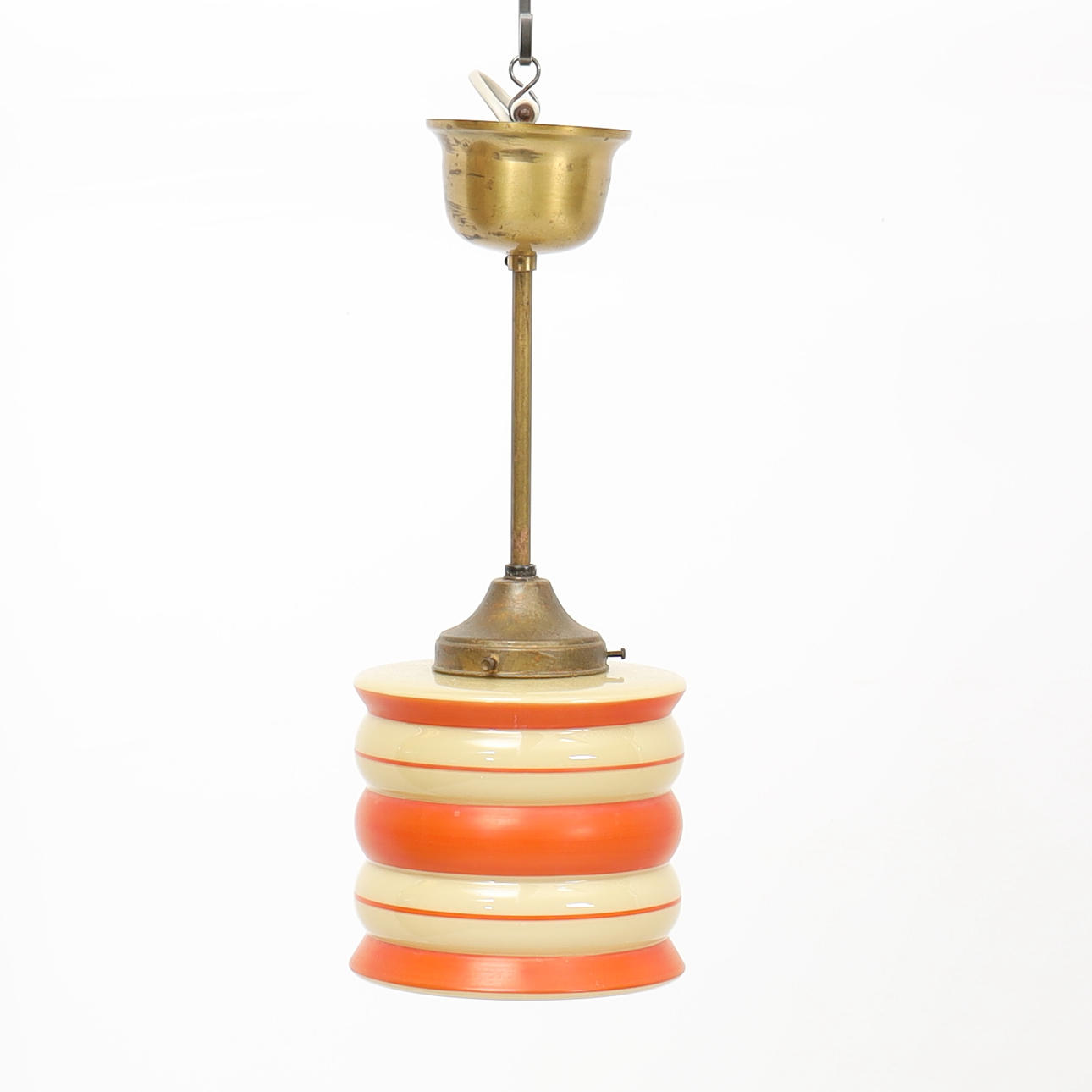 A FUNKIS CEILING LAMP, 1940s, multicoloured decor, brass bracket.