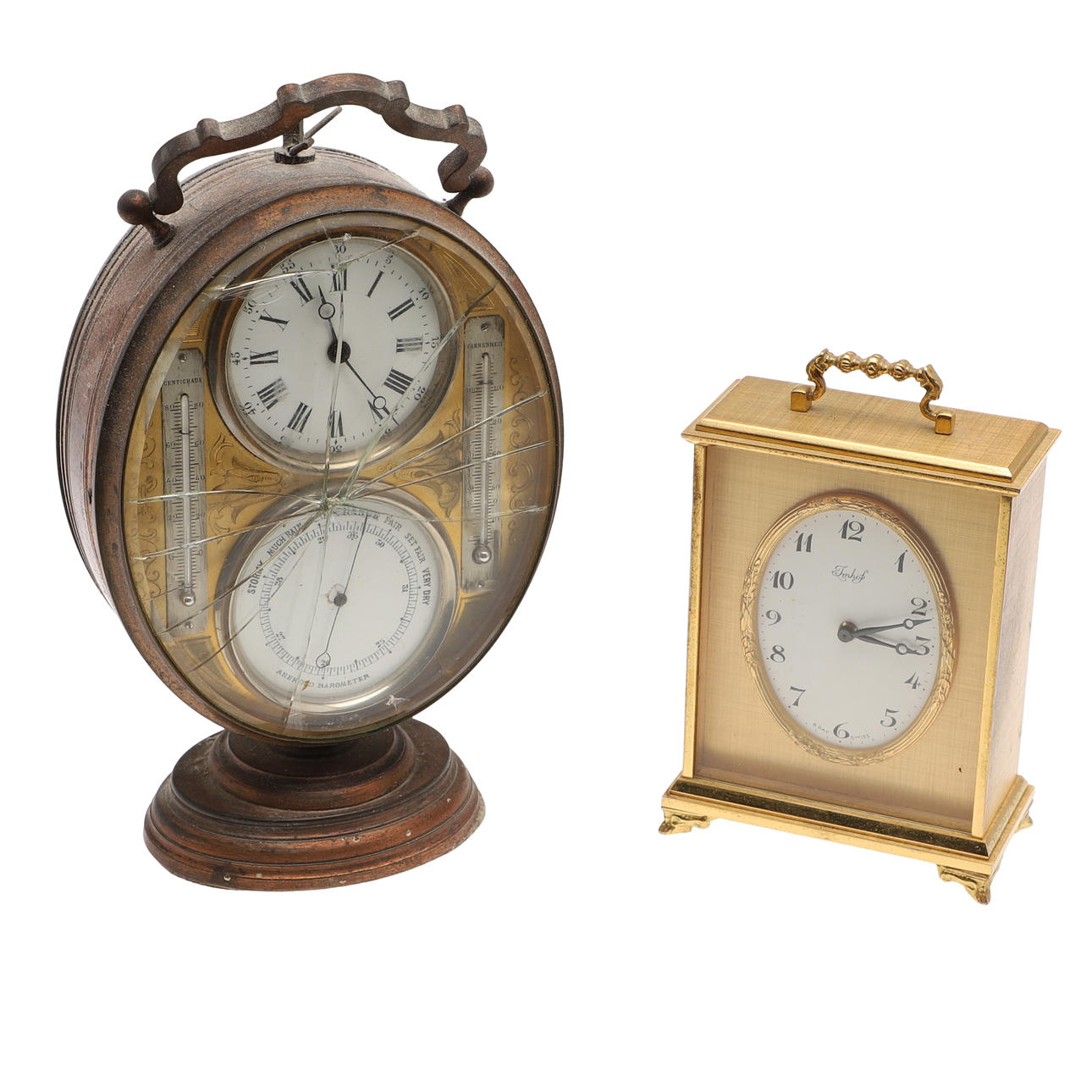 VICTORIAN DECK CLOCK/BAROMETER & ANOTHER CLOCK.
