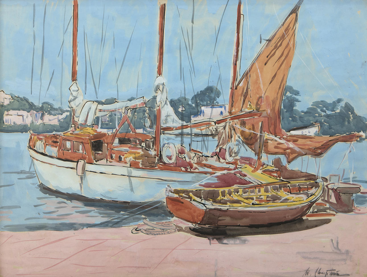 UNBEKANNTER KÜNSTLER. Segelbåtar på kajen, 1900-tal.