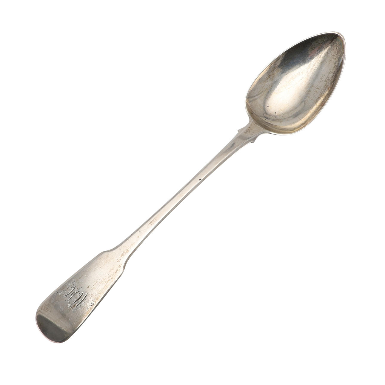 A GEORGE III FIDDLE PATTERN SILVER SERVING SPOON.