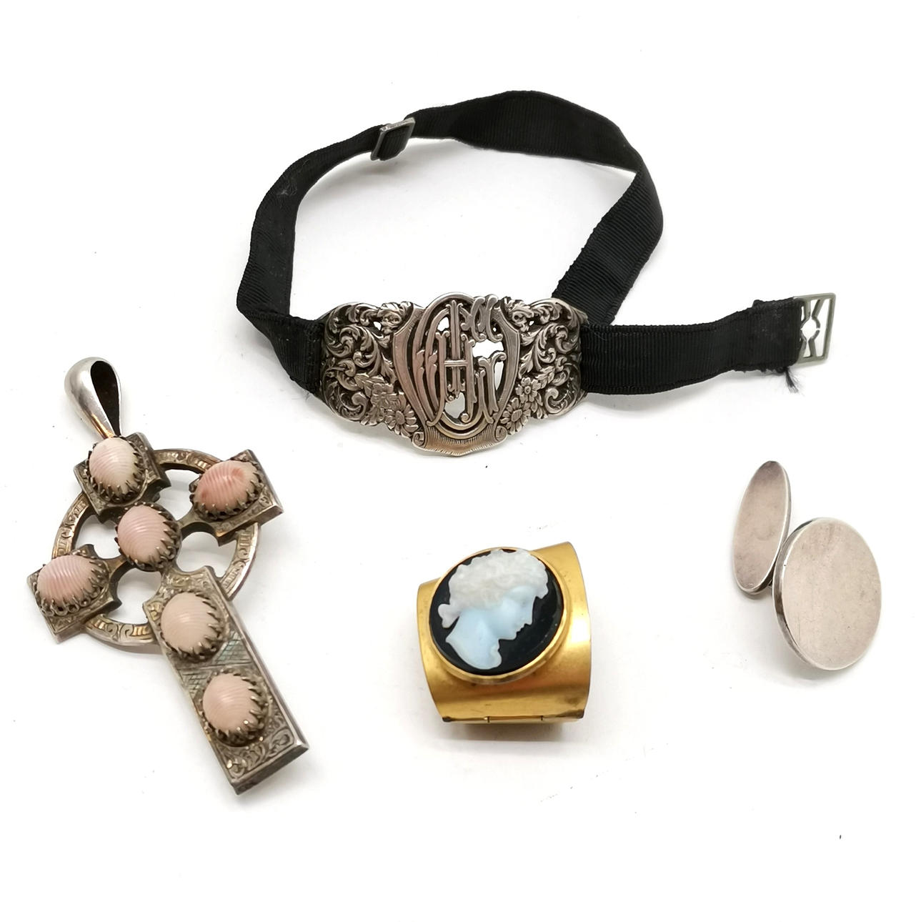 ANTIQUE SILVER CROSS PENDANT SET WITH SHELLS etc.