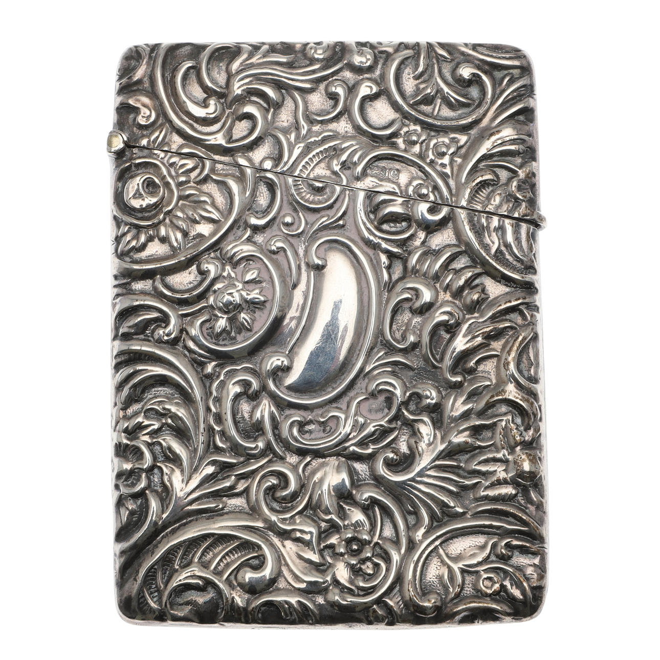 AN EDWARDIAN SILVER CARD CASE.