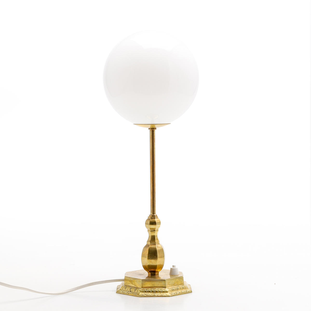 TABLE LAMP. brass with round opal cup, mid 20th century.