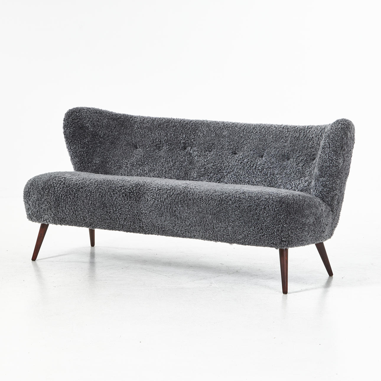 Sofa- 1950s, probably Denmark, sheepskin upholstery.