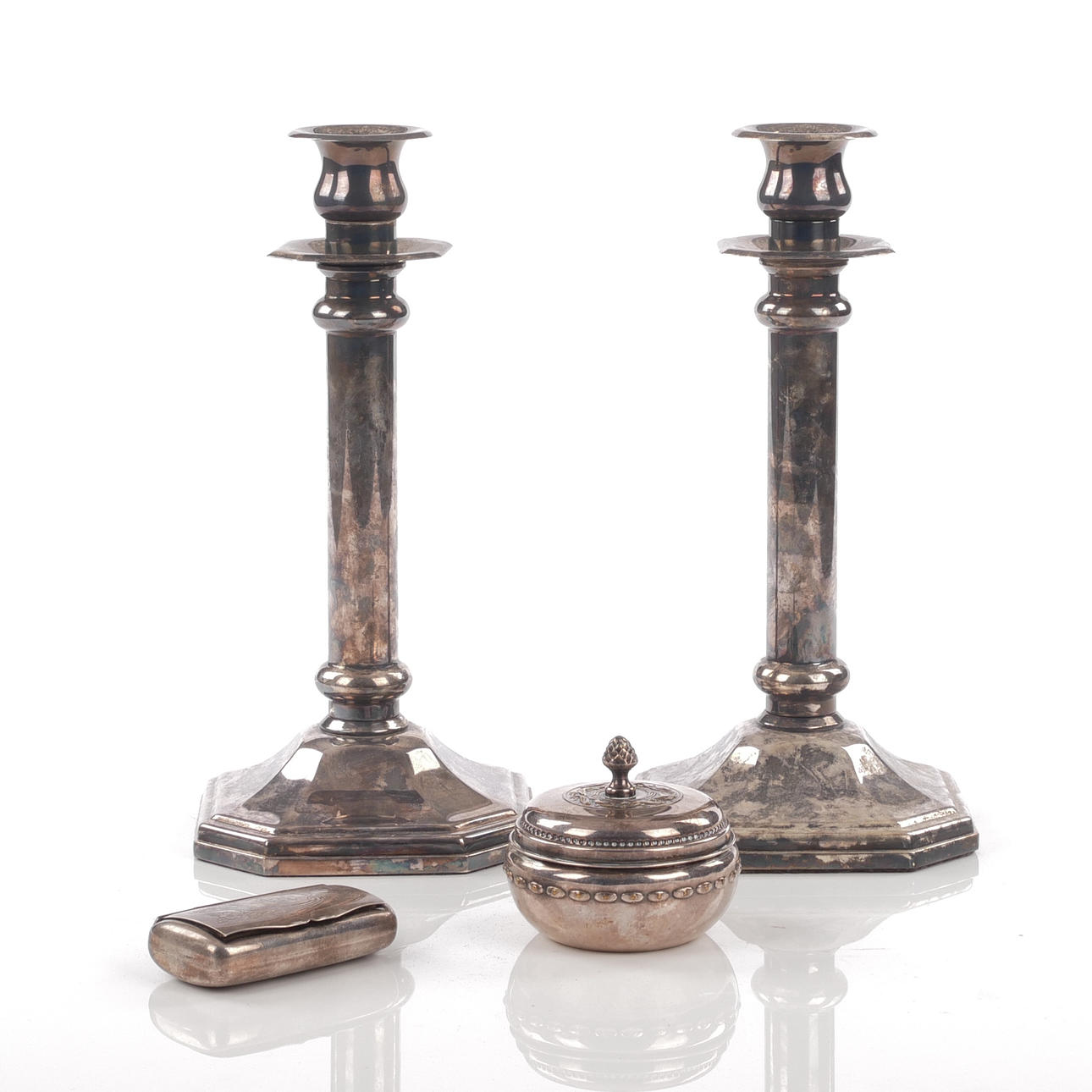 CANDLESTICKS, BOXES, 4 pcs, nickel silver.