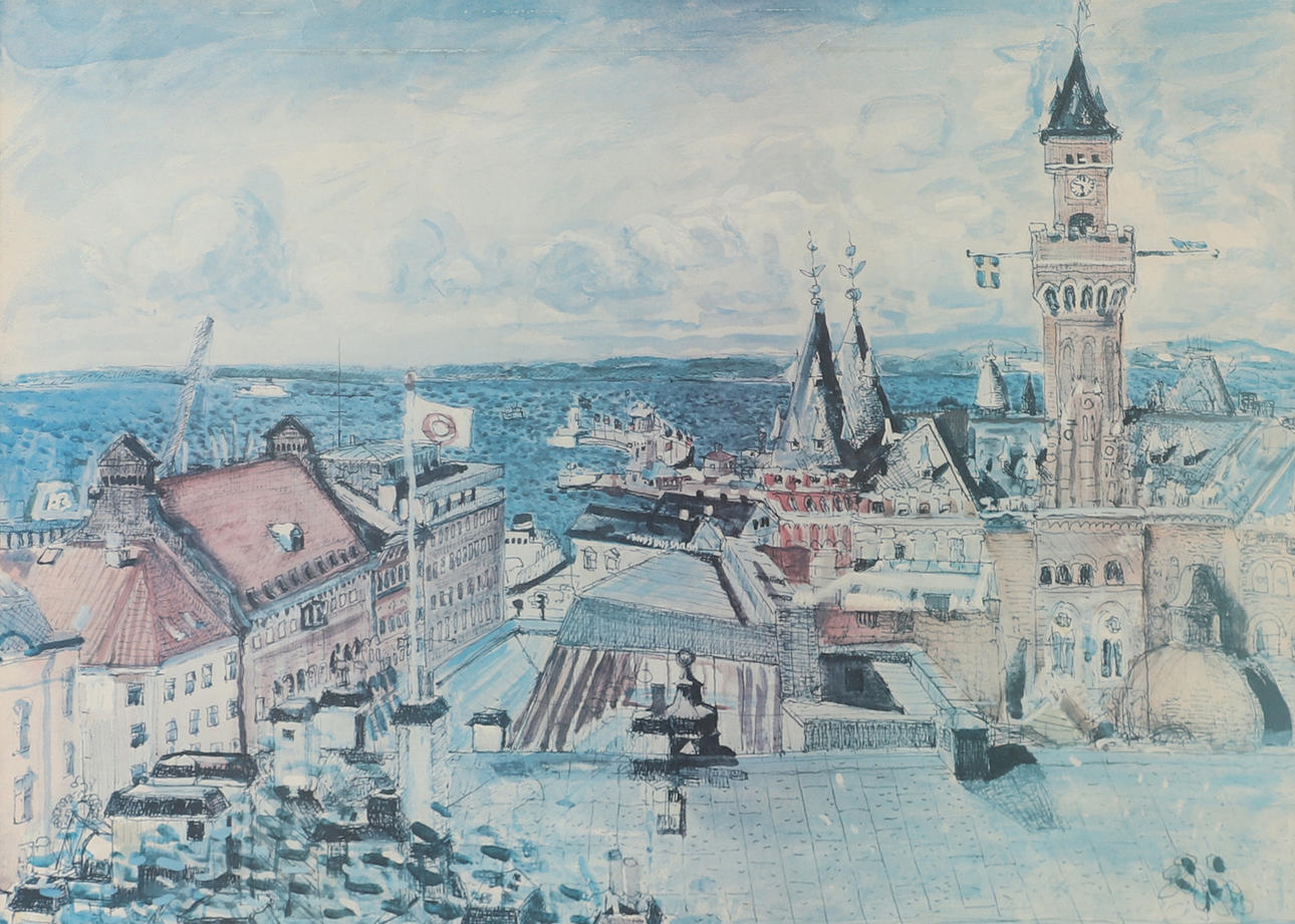 LARS HERDER. Helsingborg motif, lithograph in colours, signed.