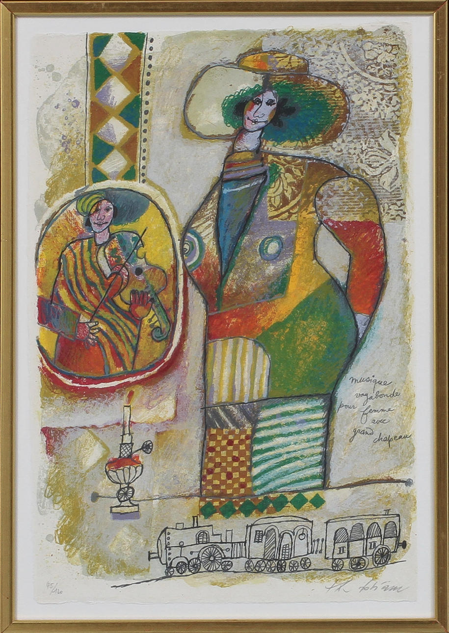 THEO TOBIASSE. "Musique vagabonde pour femme avec grand chapeau", färglitografi, signerad och numrerad 45/120.