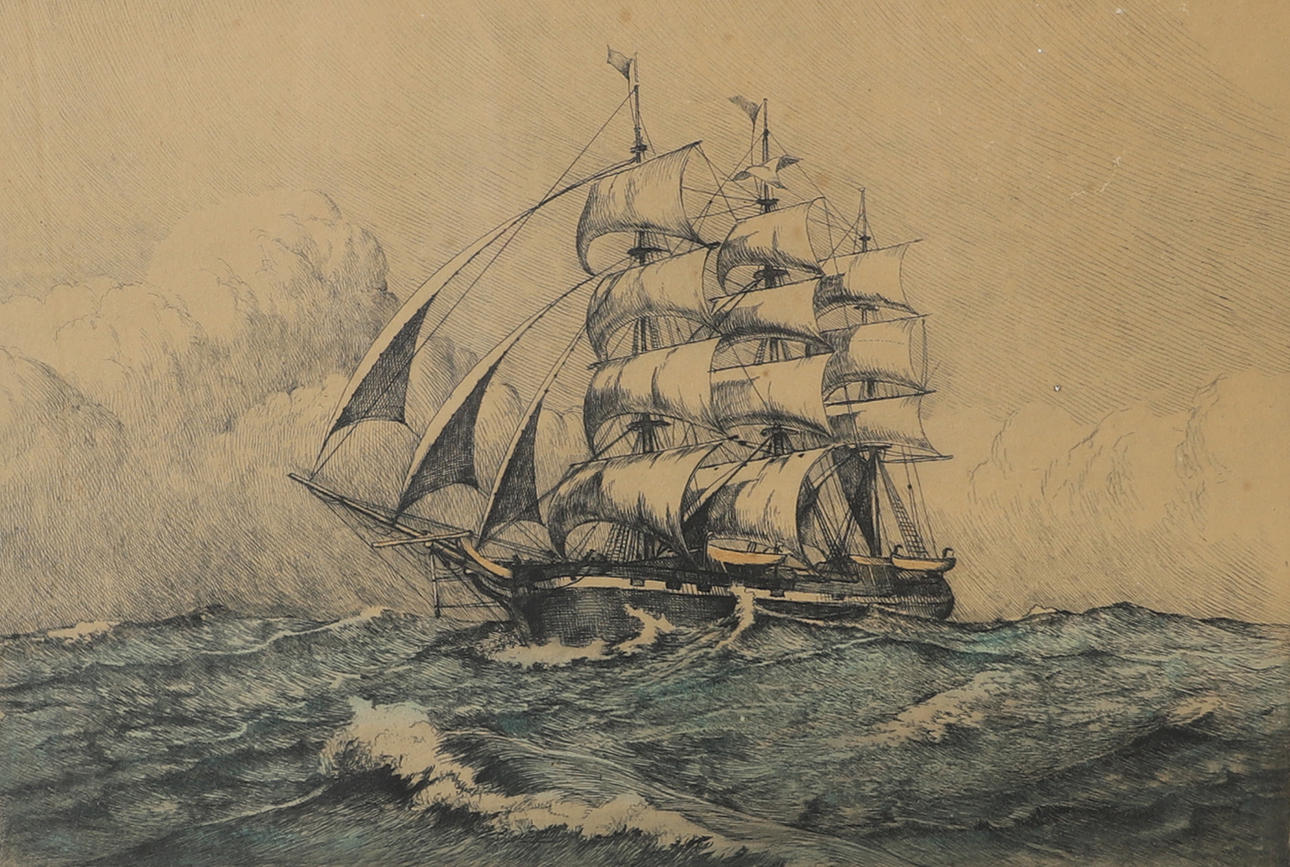 OIDENTIFIERAD KONSTNÄR. “Full rigger”, etching, indistinctly signed.