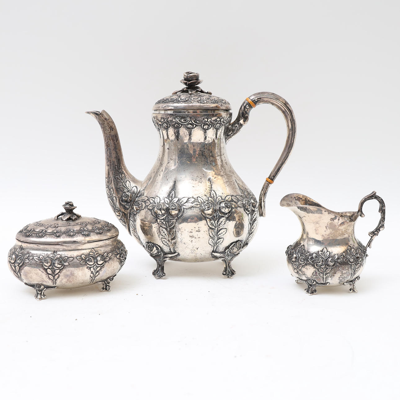 COFFEE SET, 3 pieces, silver, rococo style.