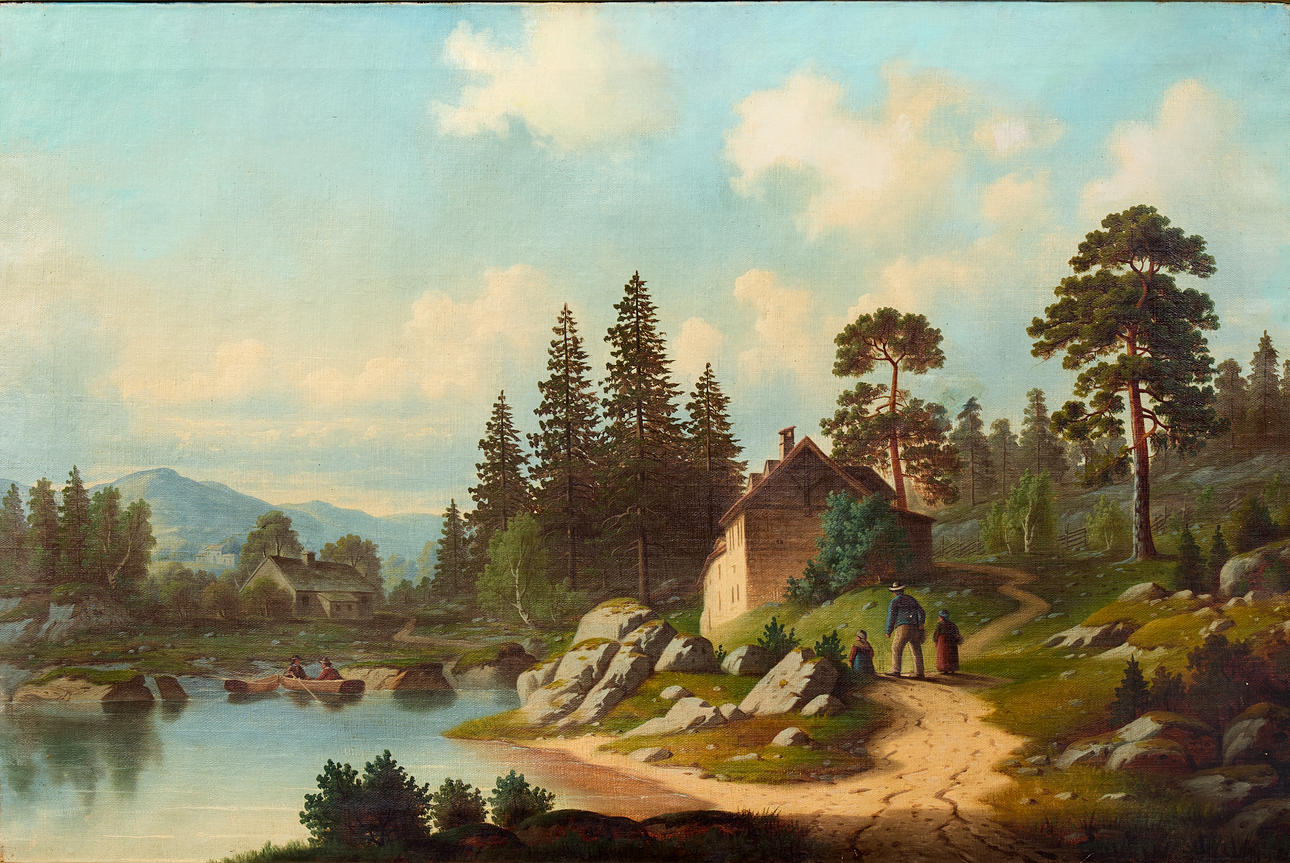 OKÄND KONSTNÄR. Lake landscape with figures.