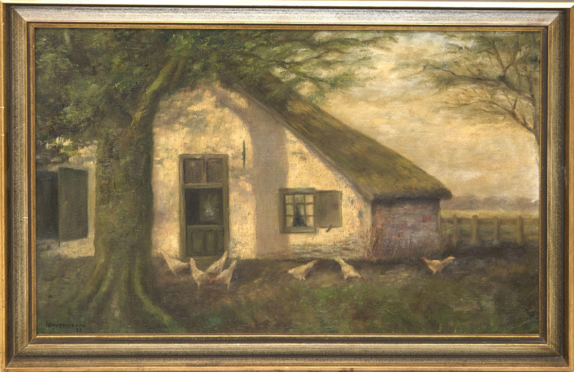 UNBEKANNTER KÜNSTLER. ”Homestead med kycklingar” olja på duk.