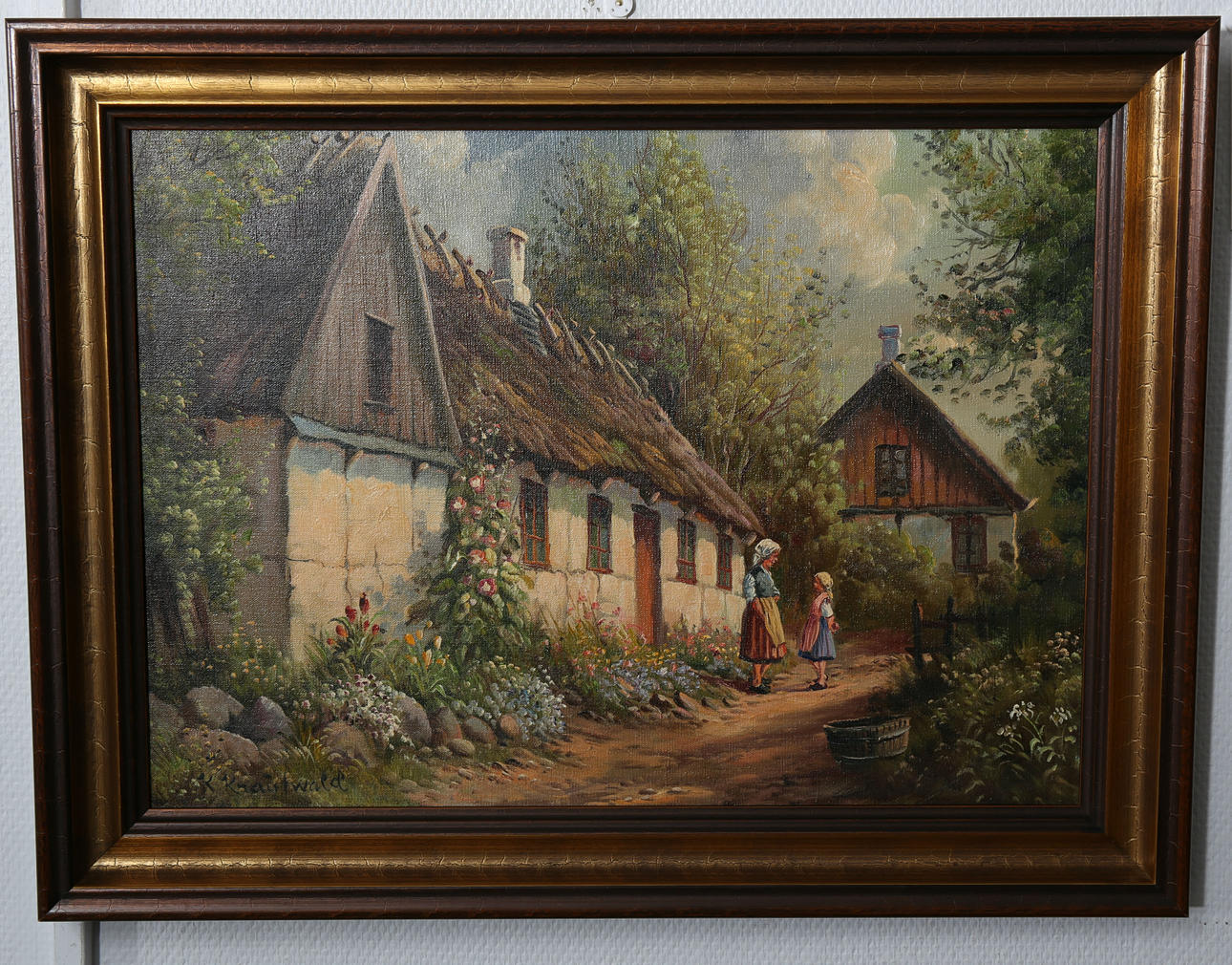 KJELD KRAUTWALD. Olja på duk, Samtalande flickor på byväg, signerad K Krautwald.