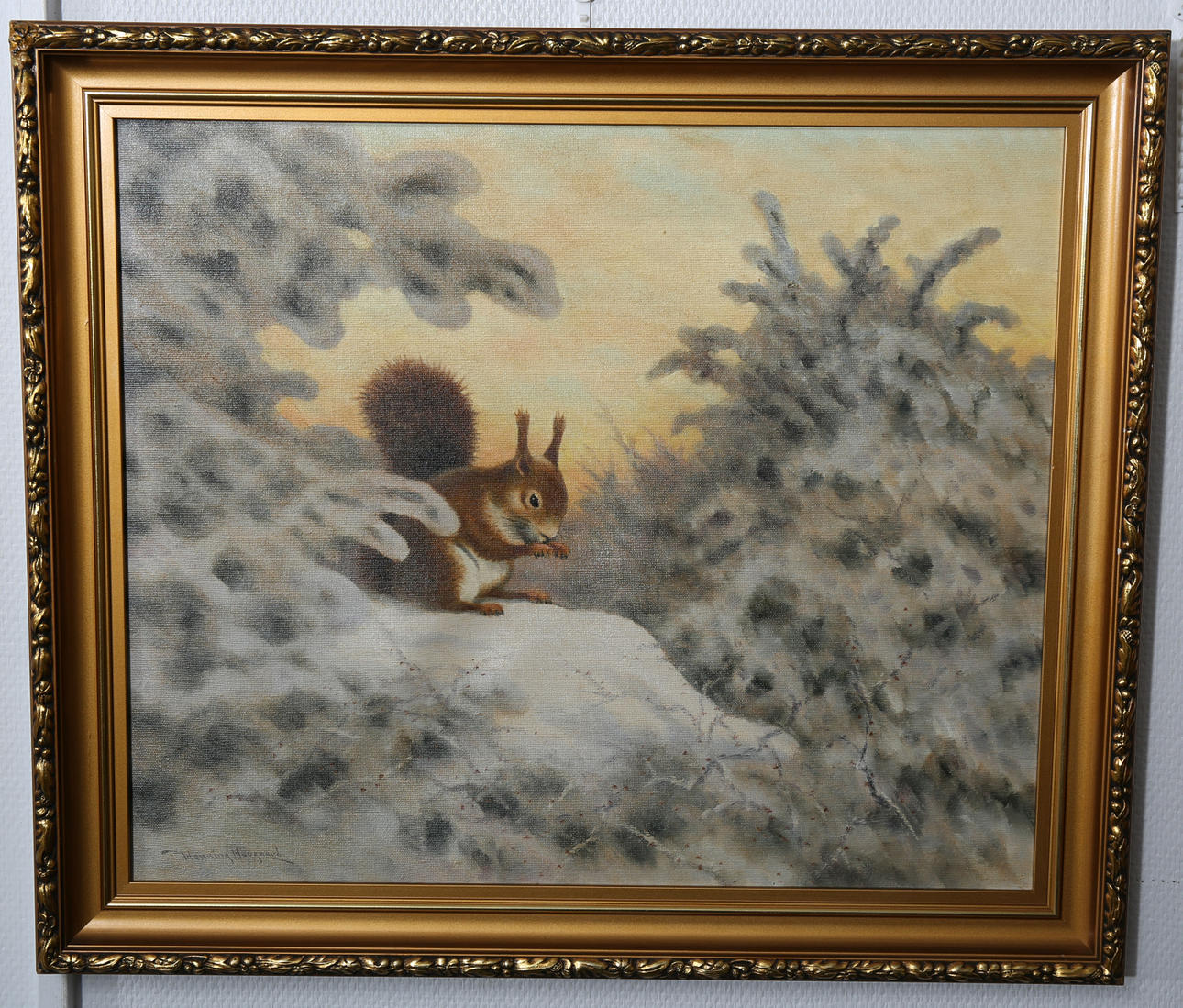 HENNING HOUGAARD. Olja på duk, Ekorre i vintergran, signerad.