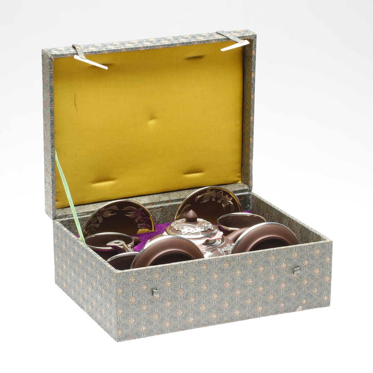 TESERVIS i ask, 5 delar. Yixing-gods med vitmetall med drakar.